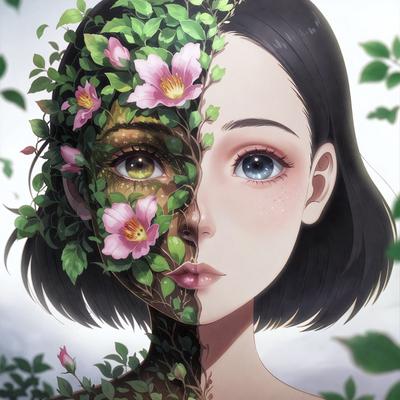 The primary subject of the image is a woman with a flower face. She has a flower on her left side and a tree on her right side. The setting is a garden, with green leaves surrounding the woman. The visual style is a digital art or illustration, creating a whimsical and artistic atmosphere. The colors are predominantly green and pink, reflecting the natural elements of the garden.